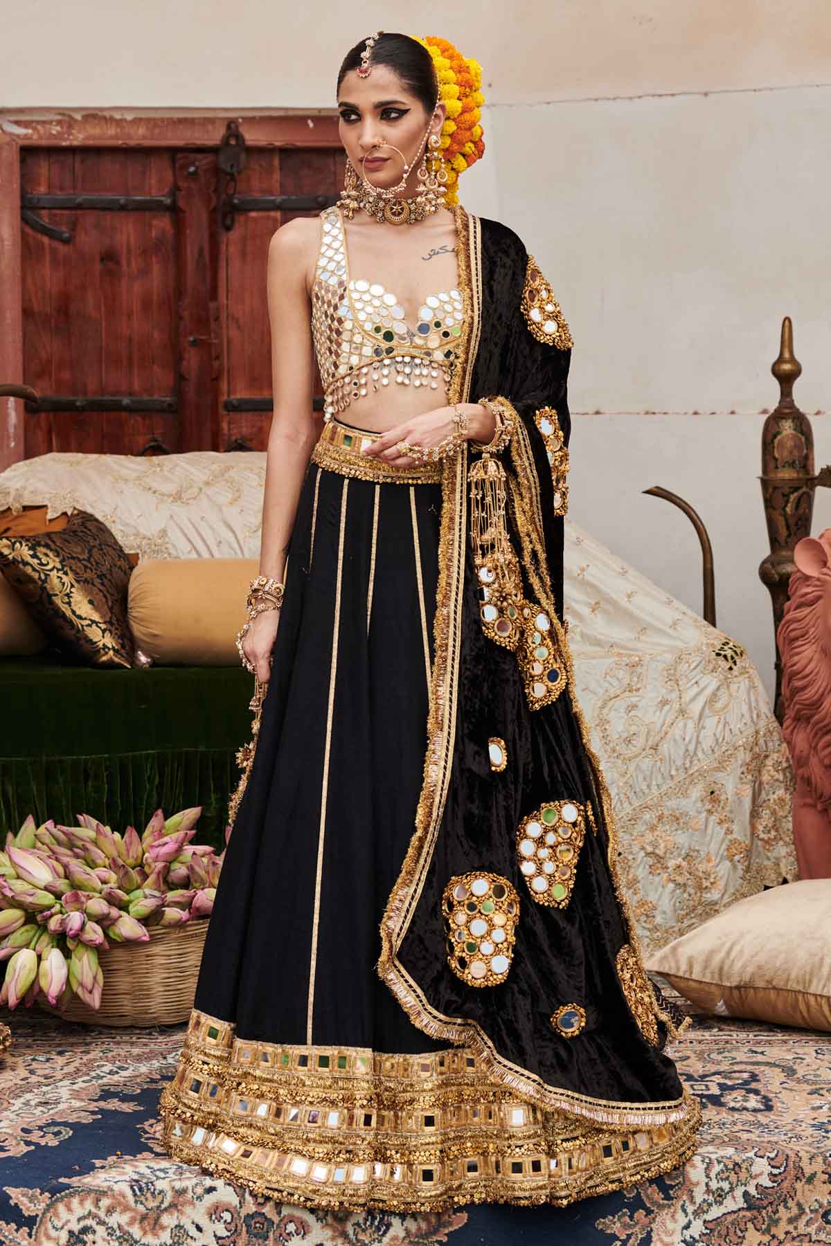 Buy ITRH, Designer Gota Stripes Black Lehenga Set Online